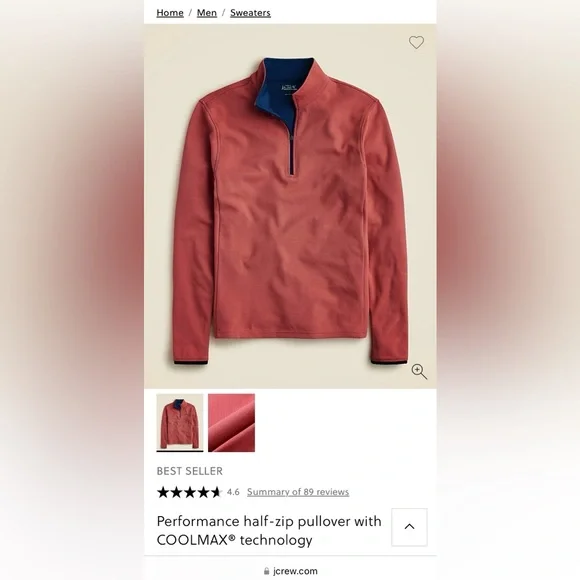 New Mens J.Crew Half Zip Performance Pullover COOLMAX Technology Athleisure M